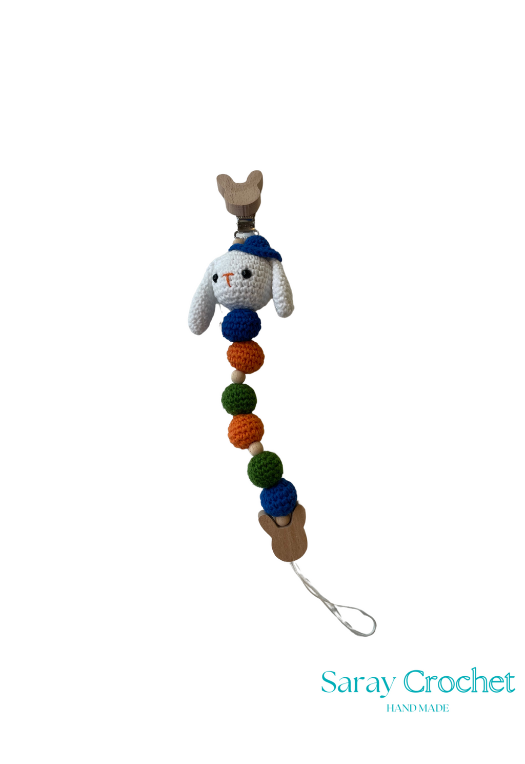 Crocheted snowman ornament with colorful beads on a white background, branded 'Saray Crochet'.