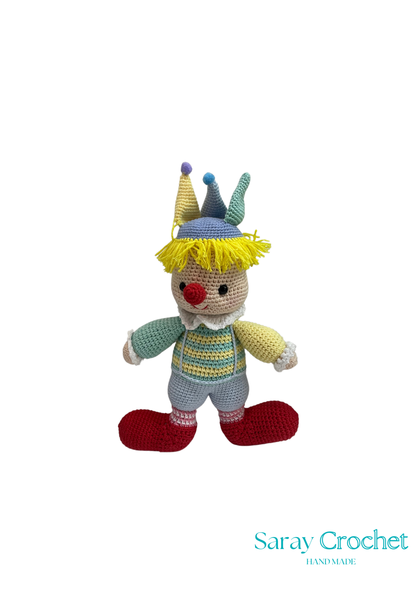 Handmade crochet clown toy with blue dress, red shoes, and a striped hat.