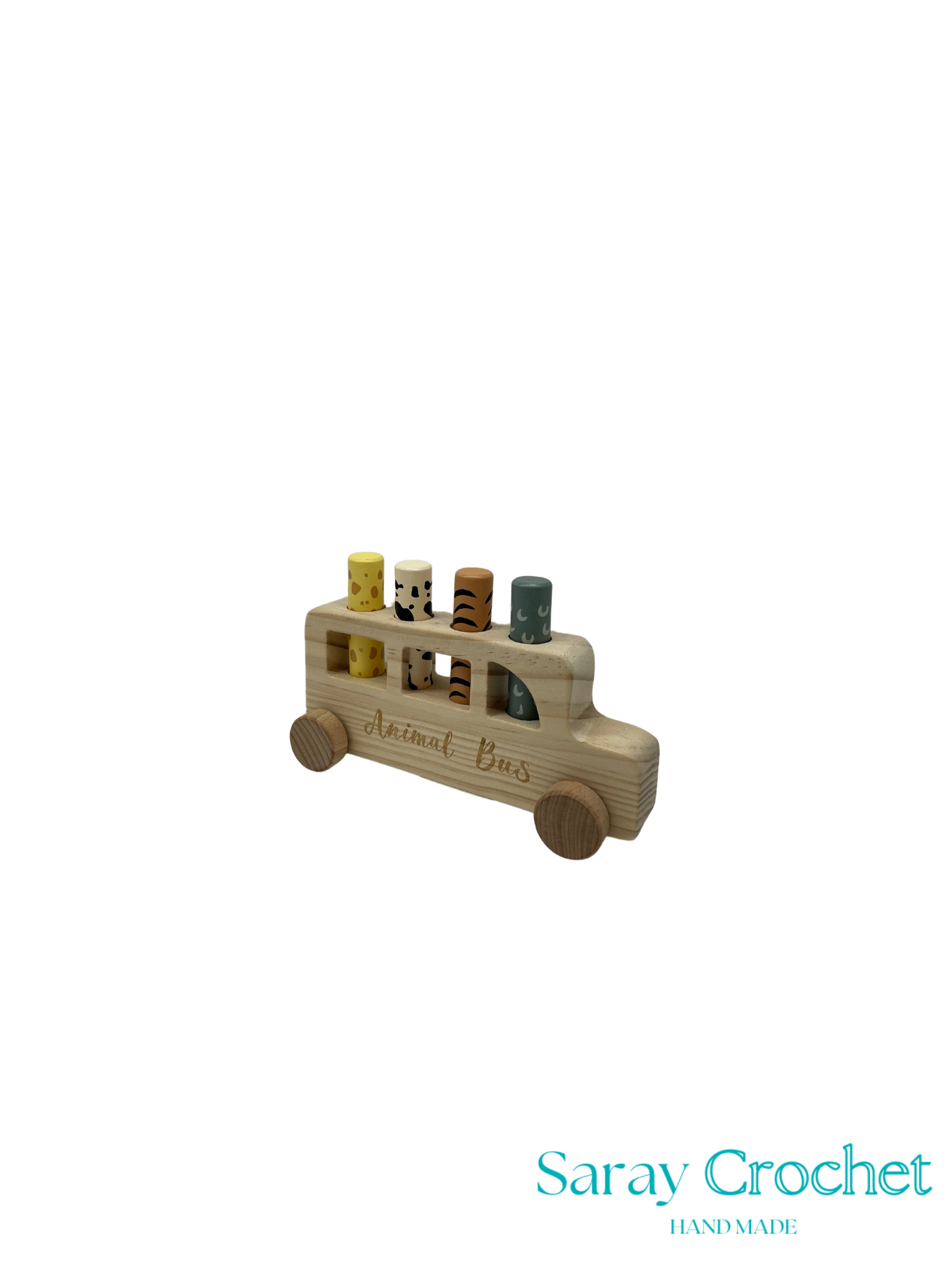 Wooden toy bus with animal figures on a white background, branded 'Saray Crochet'.