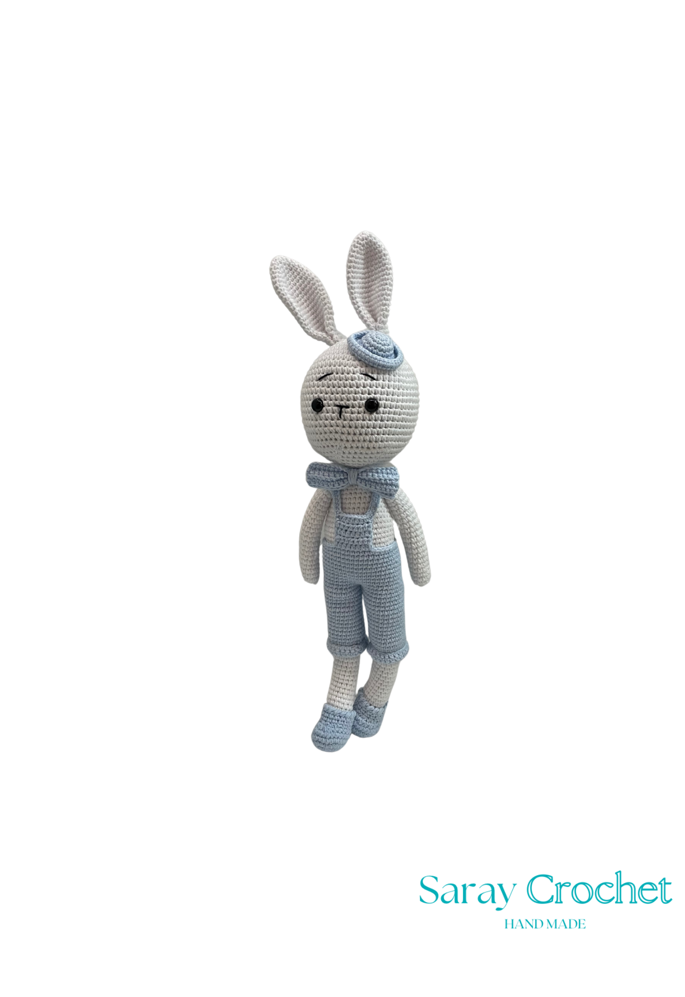 Handmade plush toy resembling a rabbit with blue bow and bowler hat, made from cotton, by SarayCrochet.