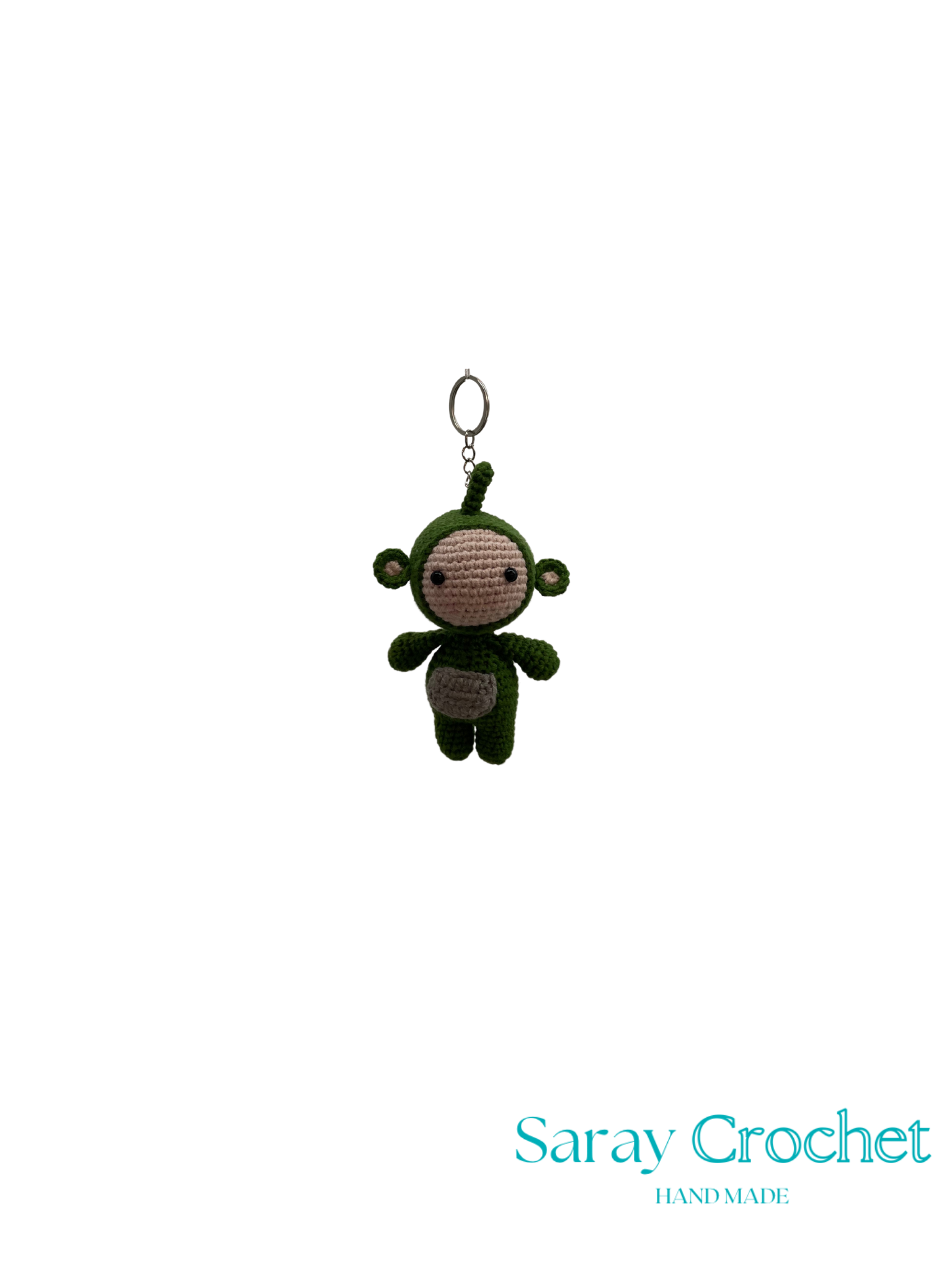 Crocheted monkey keychain on a white background with 'Saray Crochet' branding.