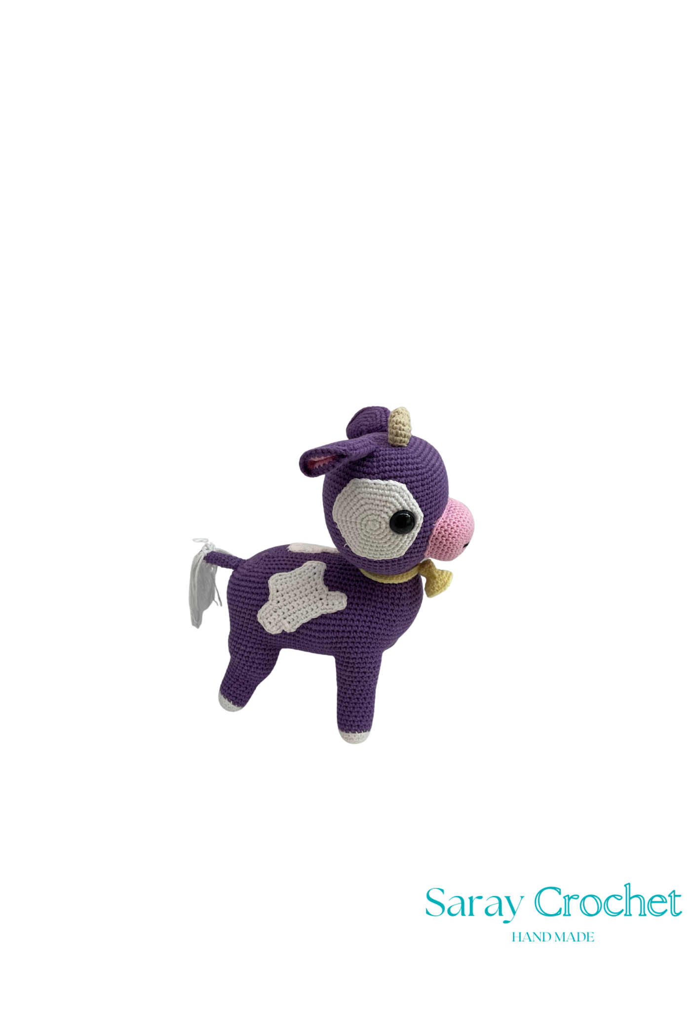 Purple crochet unicorn toy on a white background with 'Saray Crochet' branding.