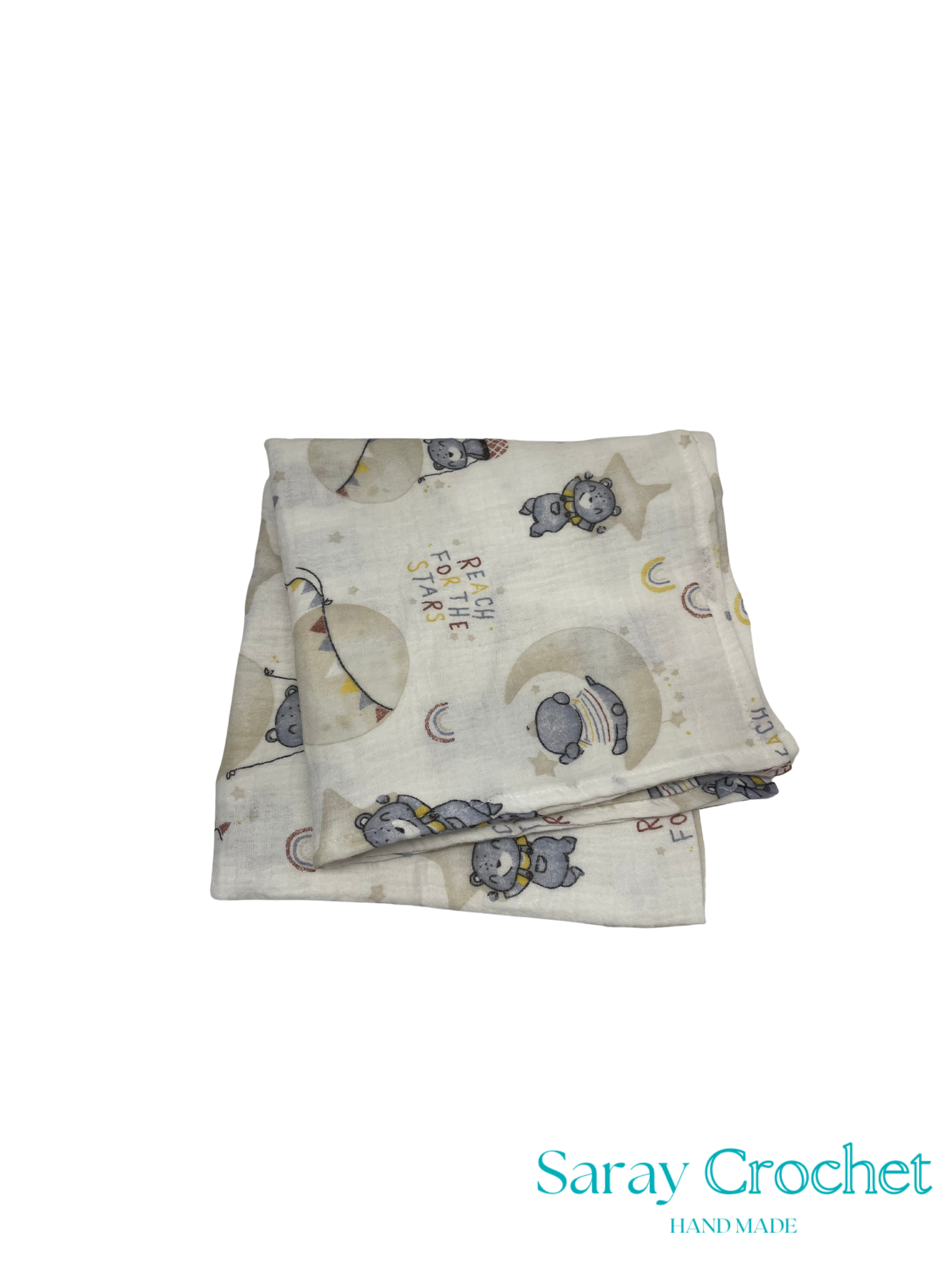 Folded fabric with cat pattern on a white background, branded 'Saray Crochet'.