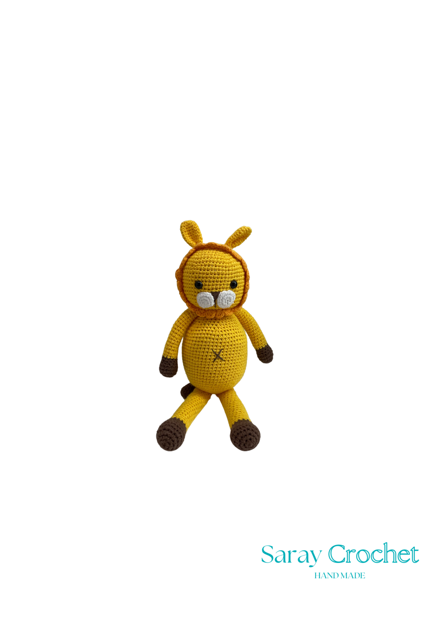 A crochet doll with yellow body, brown arms and legs, and a odd-shaped hat.