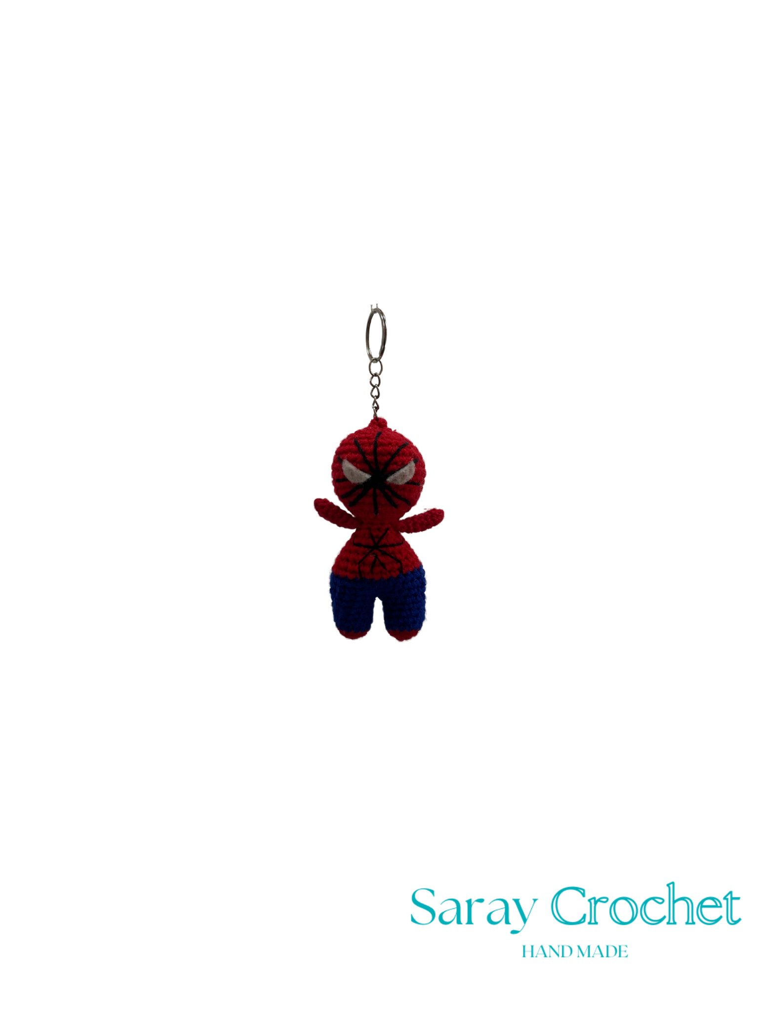Spider-Man plush keychain on a white background with 'Saray Crochet' branding.