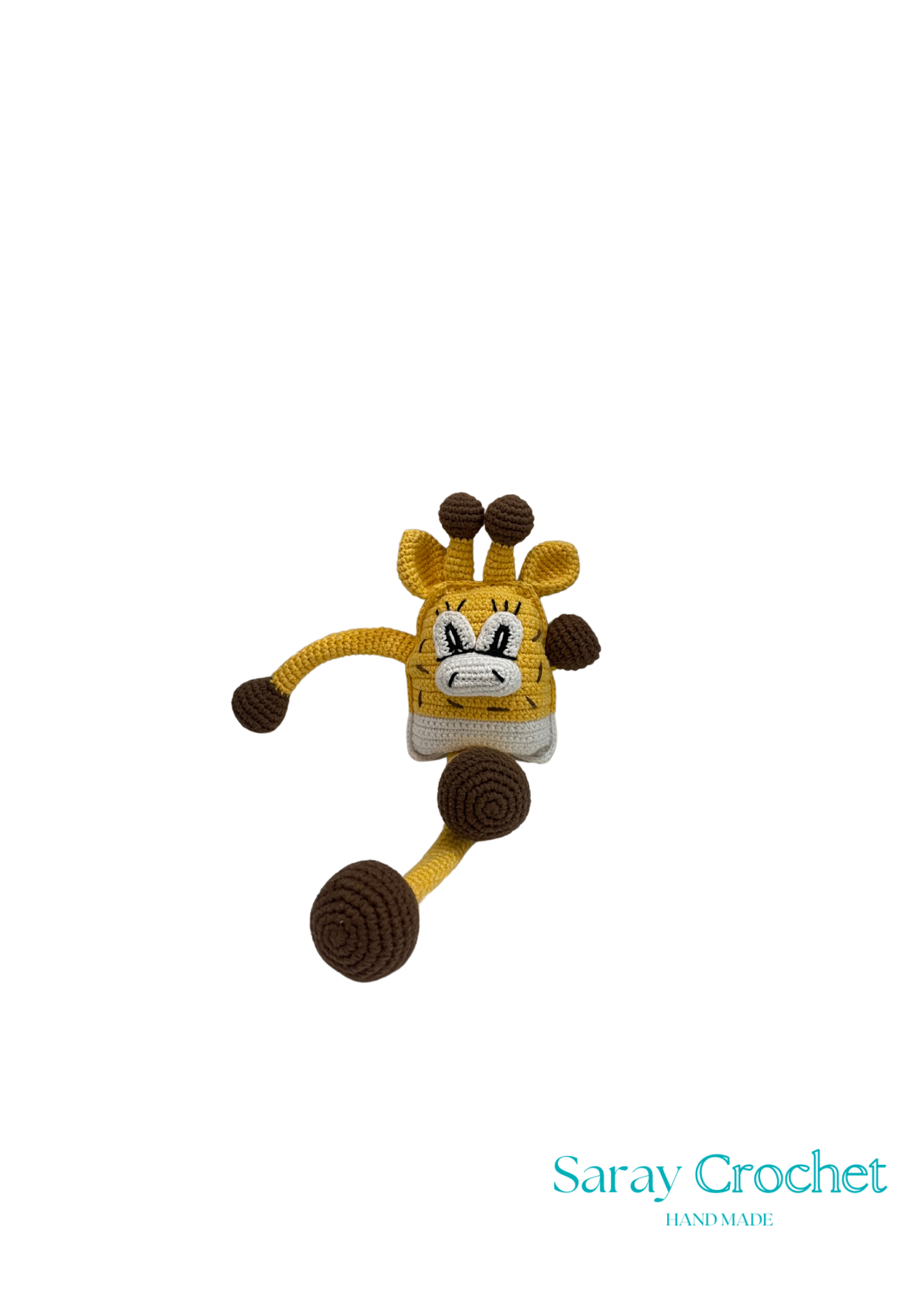 A crochet along giraffe toy with yellow body, brown spots, and a blue background.