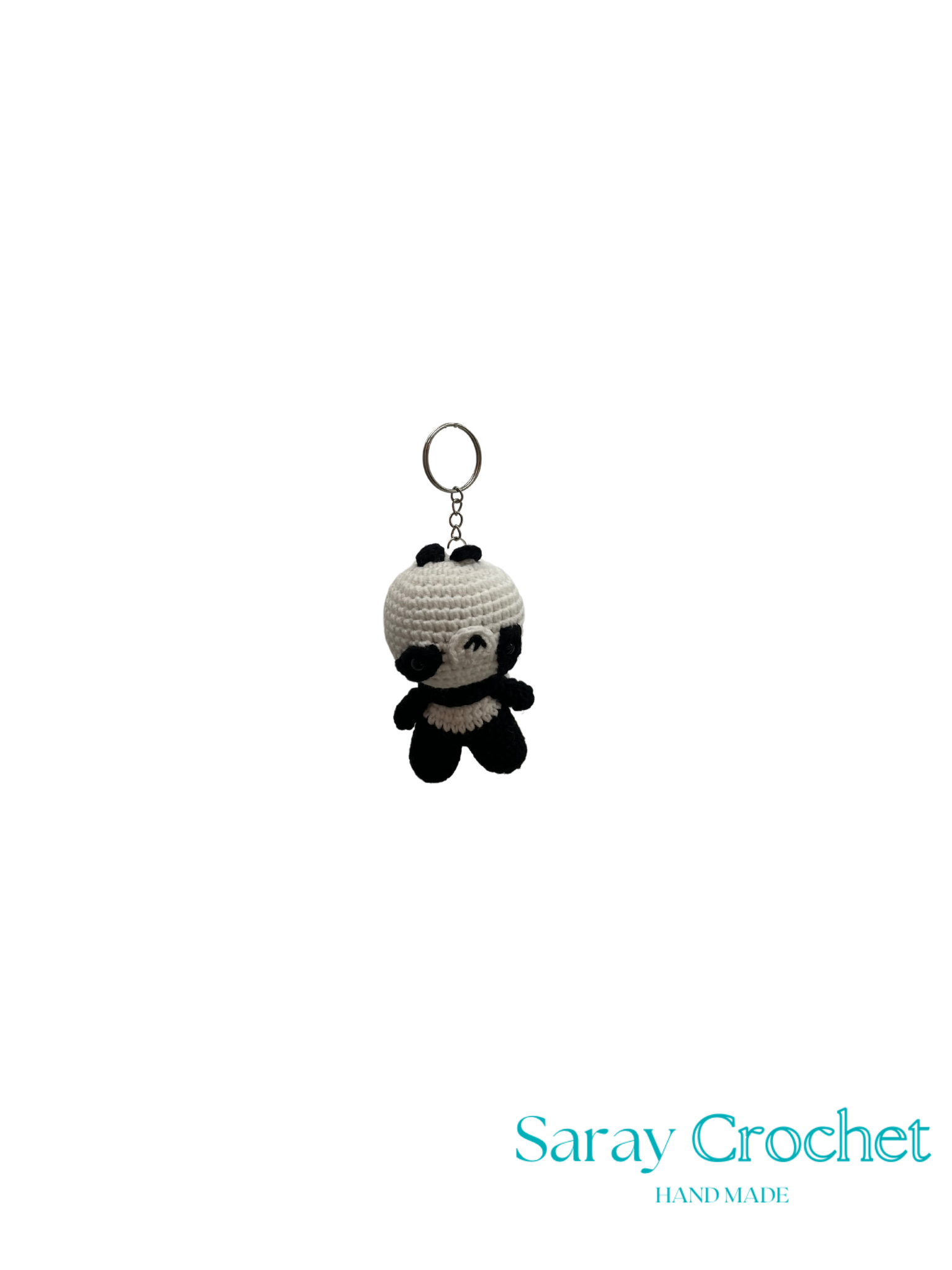 Crocheted panda keychain on a white background with 'Saray Crochet' branding.