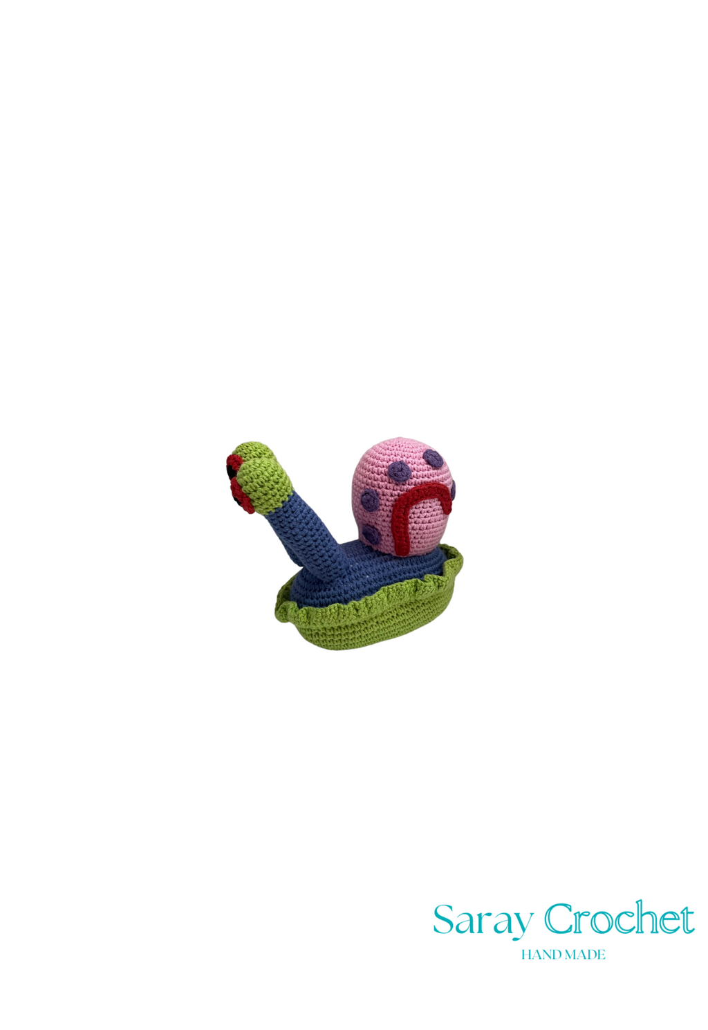 Colorful crochet snake toy on a white background with 'Saray Crochet' branding.