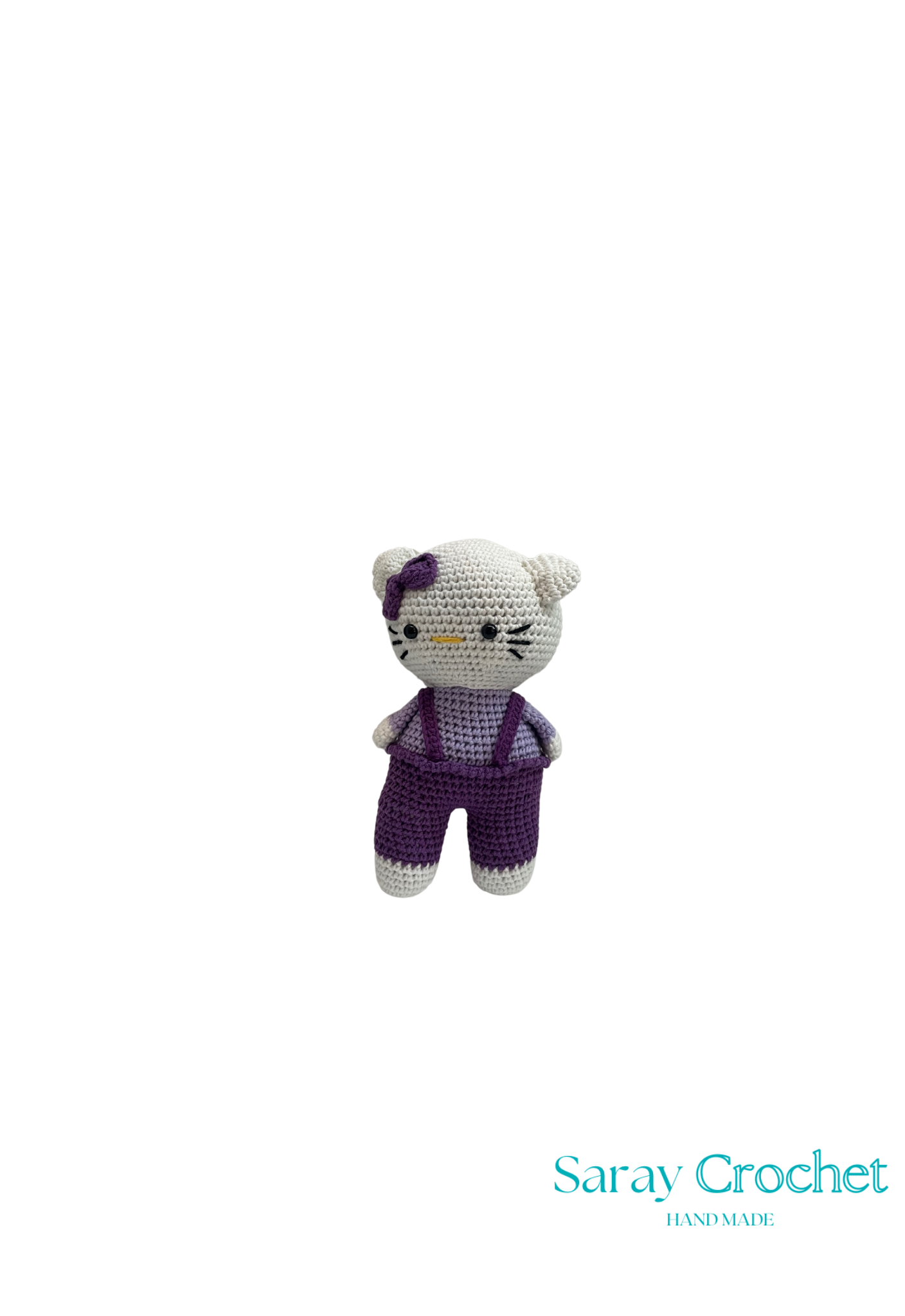 A crocheted representation of Hello Kitty in purple and gray colors, with a logo watermarked below.