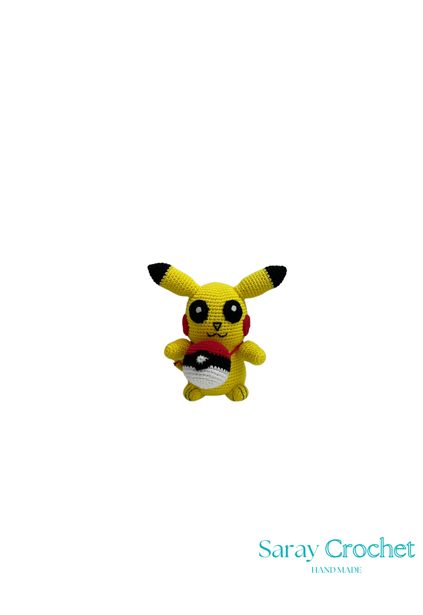A crochet depiction of the character Pikachu from Pokemon, made in yellow with black, red, and white details.