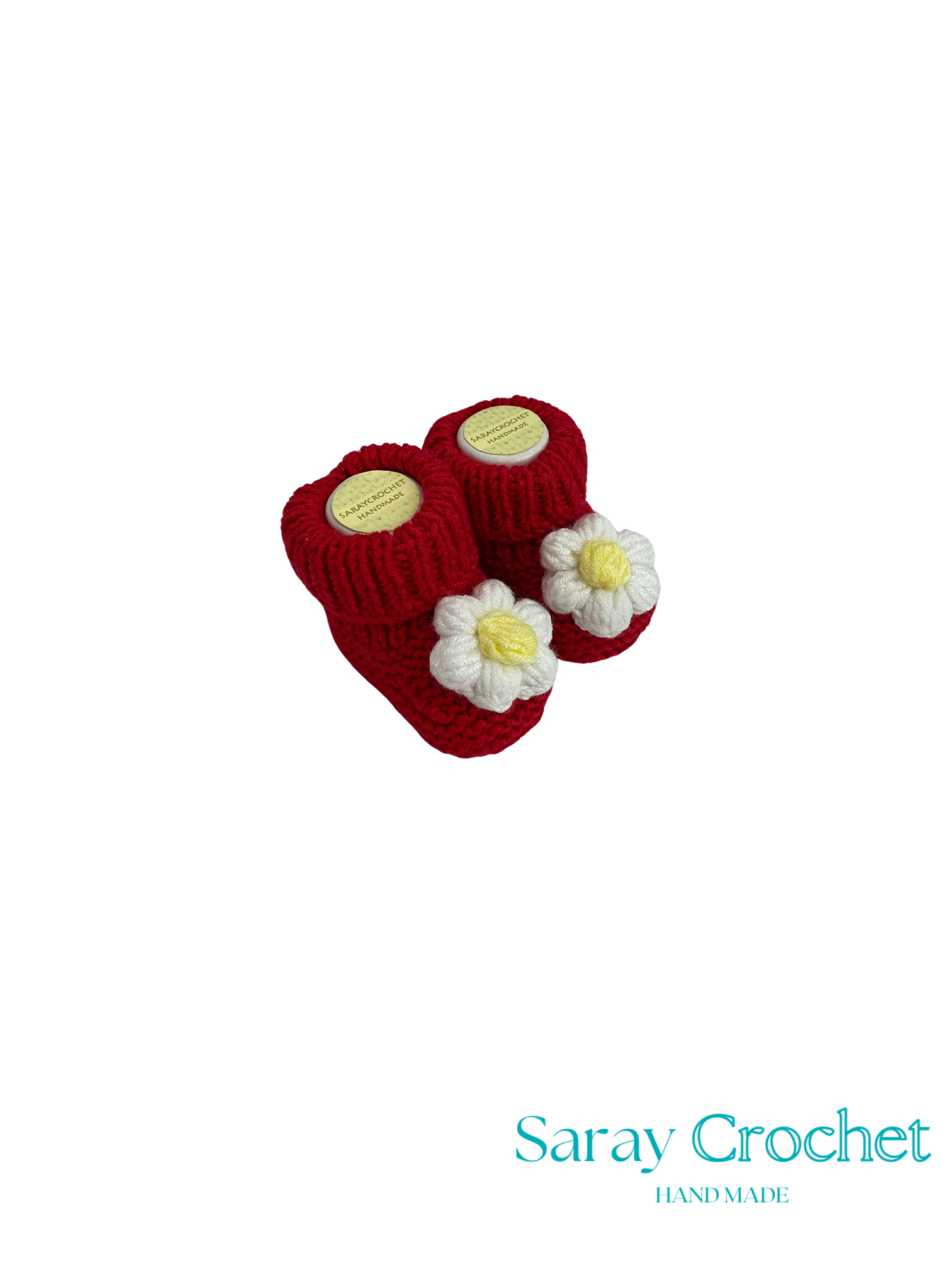 Red baby booties with white flowers on a white background, branded 'Saray Crochet'.