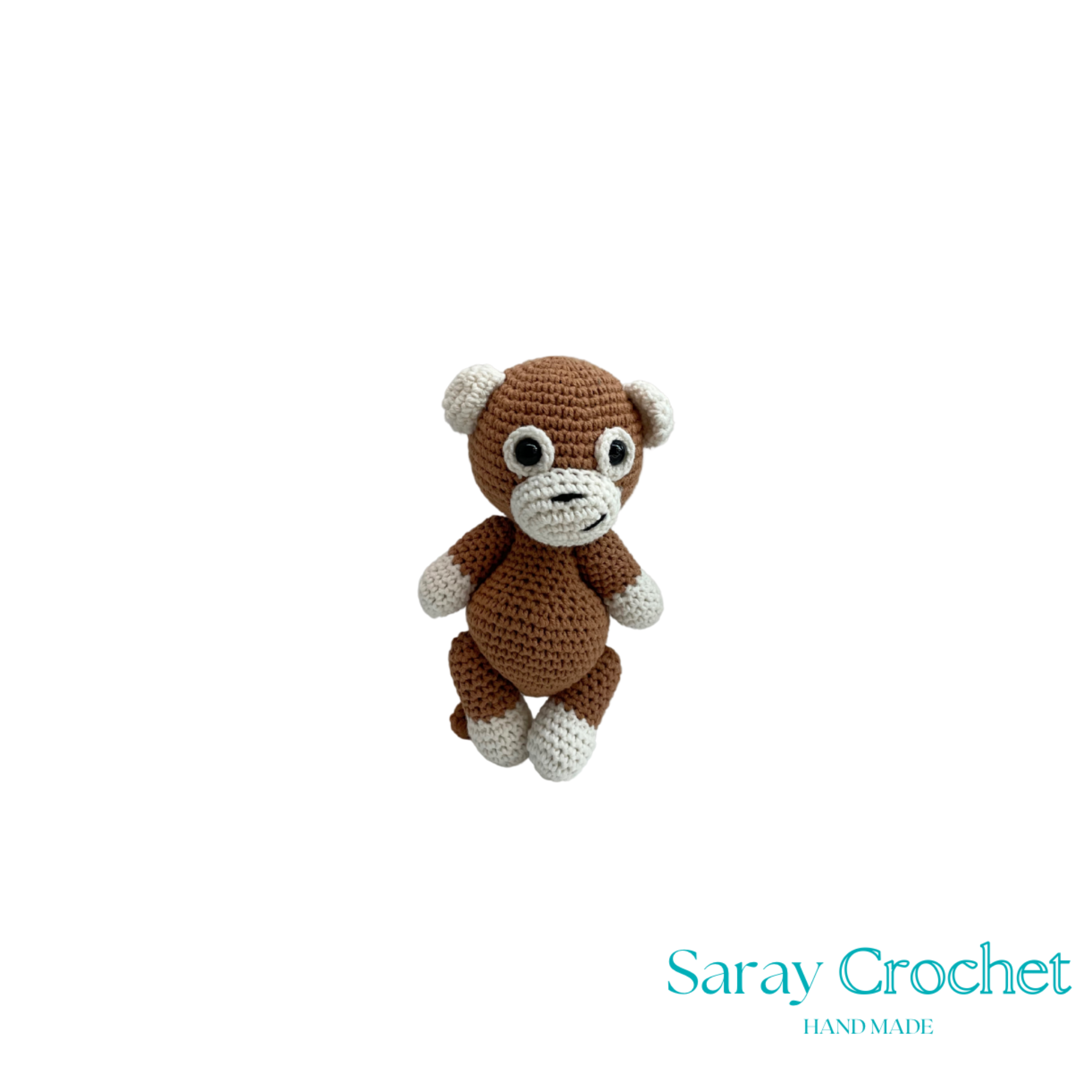 Crocheted monkey toy with 'Saray Crochet' branding on a white background