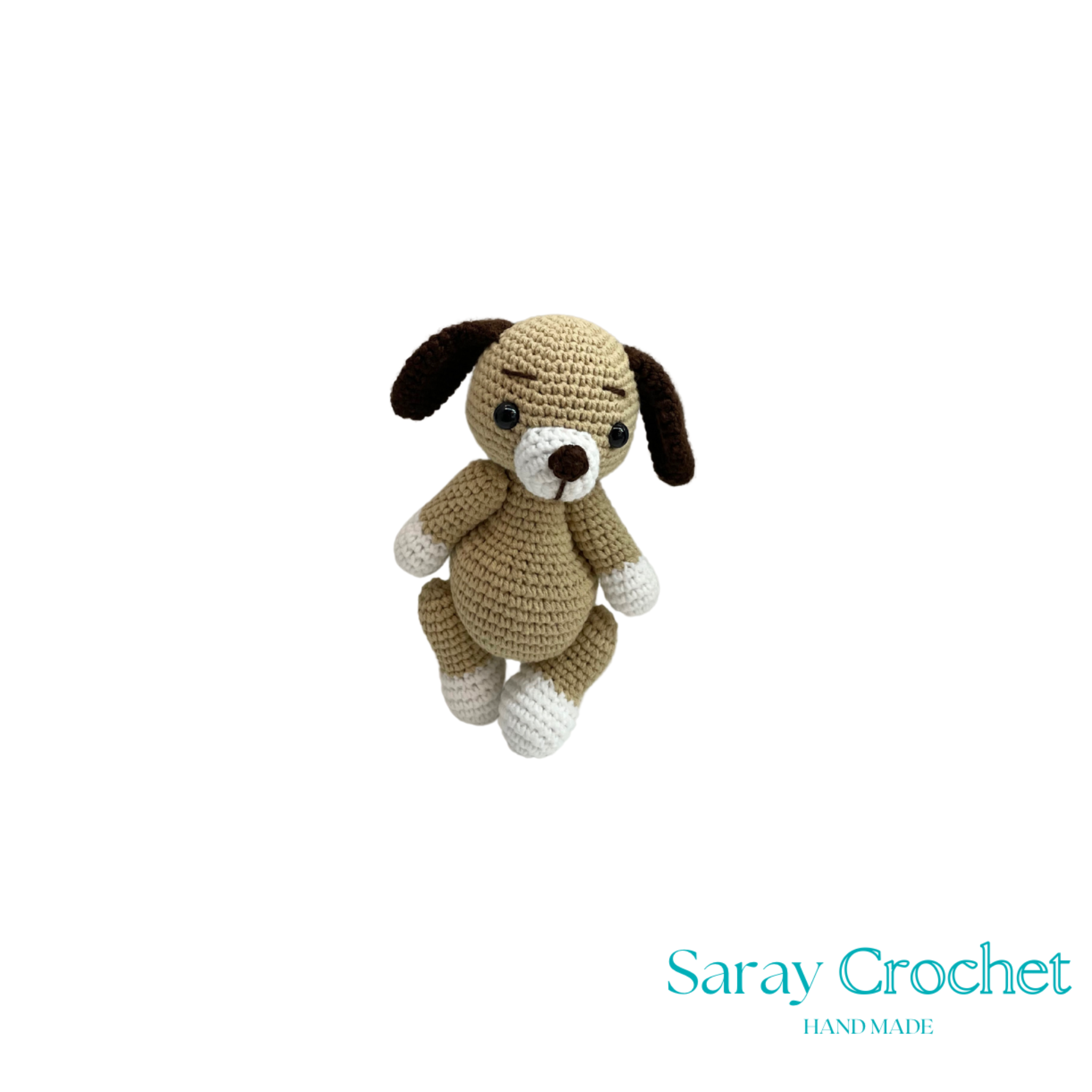 Crocheted dog toy with 'Saray Crochet' branding on a white background