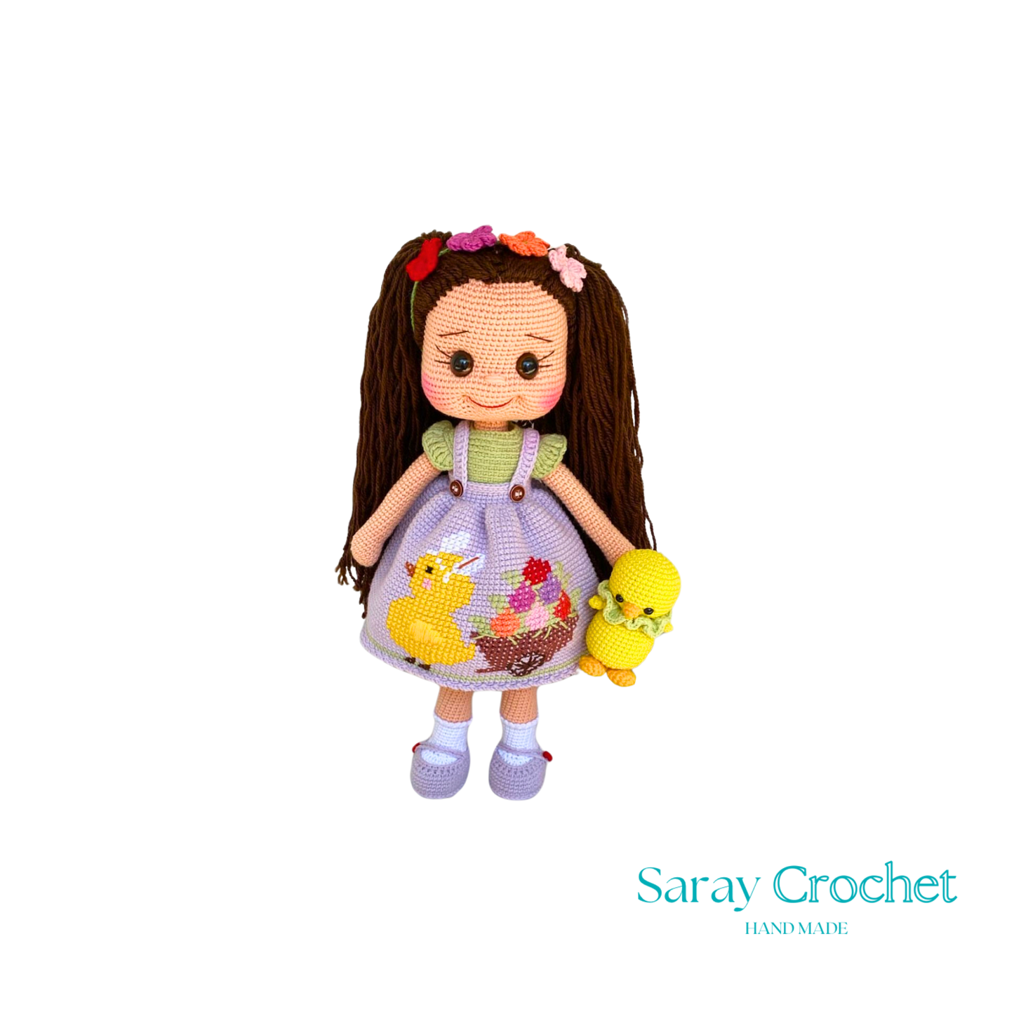 Handmade doll with a floral dress and a fluffy bow in her hair, holding a small yellow bird, with a soft color palette.
