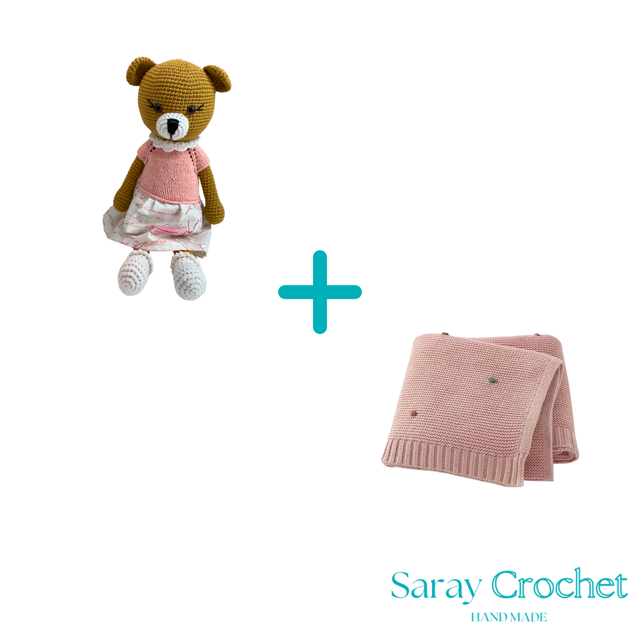 Crocheted teddy bear and pink blanket with 'Saray Crochet' branding on a white background.