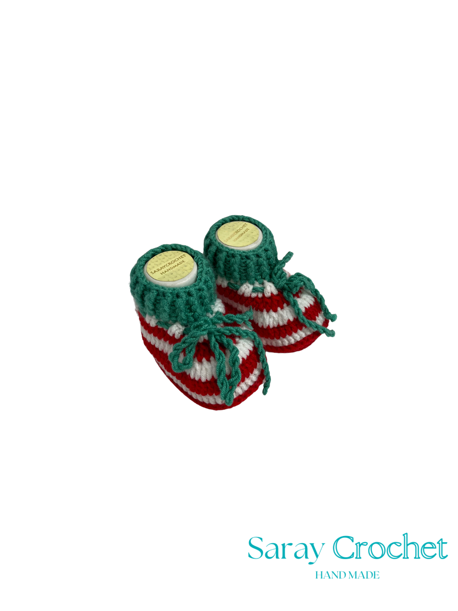 Pair of green and red striped baby booties with 'Saray Crochet' branding on a white background.
