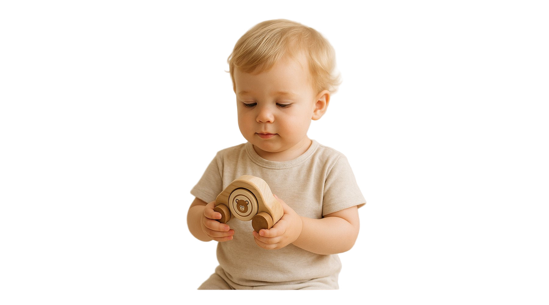 Child playing with a wooden toy on a white background